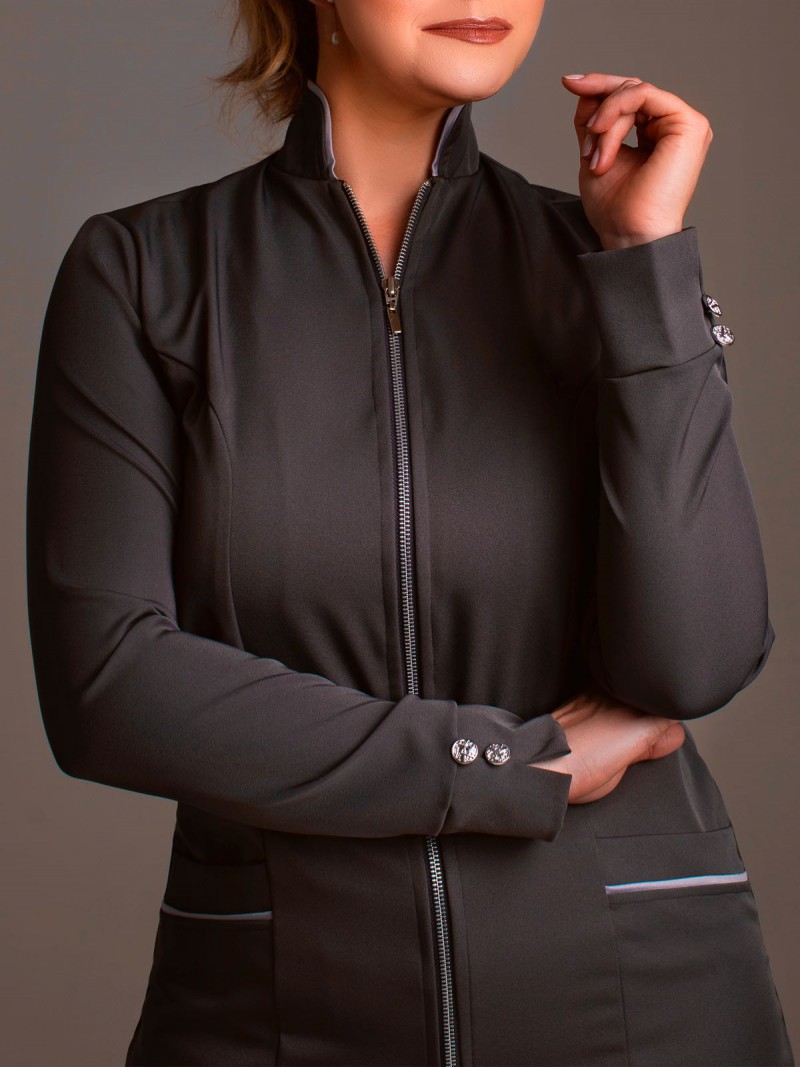 Cinza Chumbo Com Prateado (Botões E Zíper Prateados)